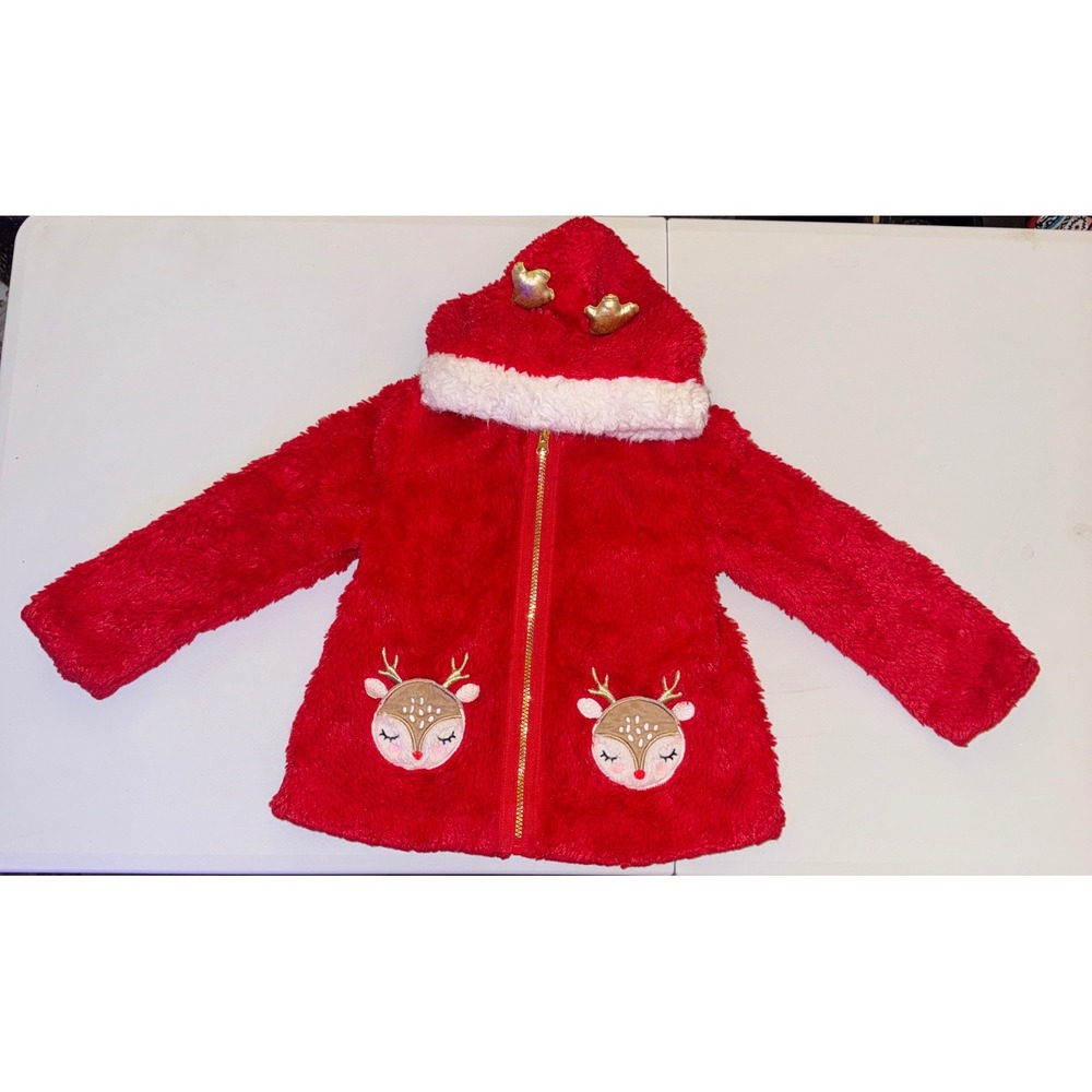 Little Lass Reindeer Faux Fur Hoodie Girls Size 5 Red Christmas Holiday Jacket